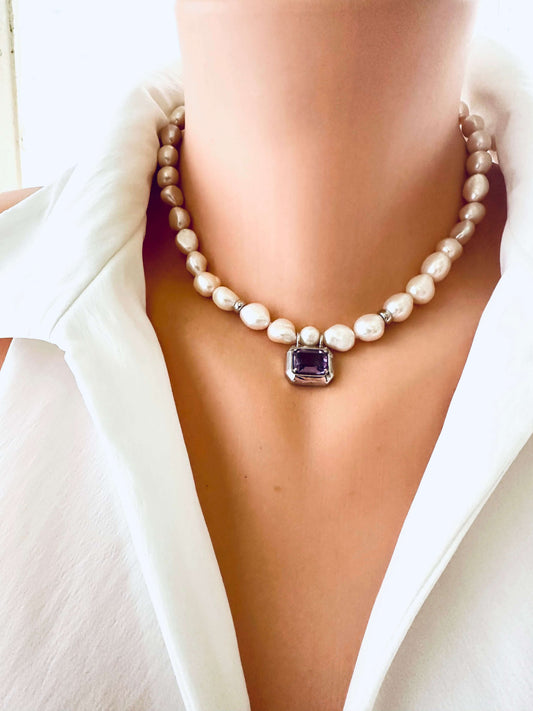 White Nugget Pearl Necklace with Amethyst Pendant – 'Viola' Collection worn elegantly.