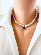 White Nugget Pearl Necklace with Amethyst Pendant – 'Viola' Collection worn elegantly.