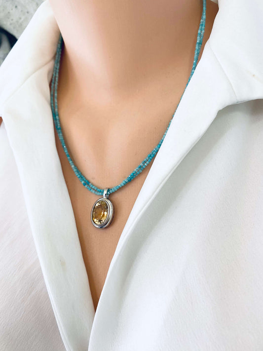 Blue Amazonite Citrine Pendant Necklace demonstrating the double strand design and luminous yellow citrine gemstone.