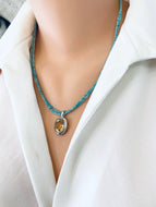 Blue Amazonite Citrine Pendant Necklace demonstrating the double strand design and luminous yellow citrine gemstone.