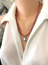 Charger l&#39;image dans la galerie, Pink Tourmaline Blue Topaz Pendant showcased on a mannequin wearing a white shirt with double strand design.
