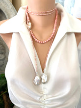 Charger l&#39;image dans la galerie, Pink Opal Baroque Pearl Necklace showcasing a 52&quot; lariat design with pink opal beads and baroque pearls.
