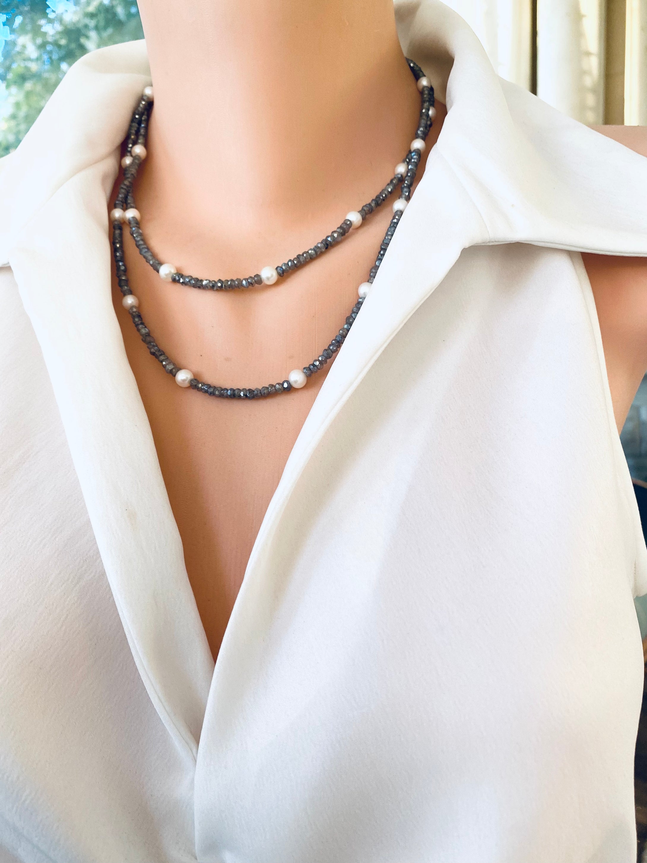 Labradorite pearl necklace 40 inches showcased on a mannequin with a white blouse, highlighting its handcrafted elegance.