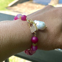 Load image into Gallery viewer, Sardonyx baroque pearl bracelet worn on wrist with hot pink beads and gold plated details
