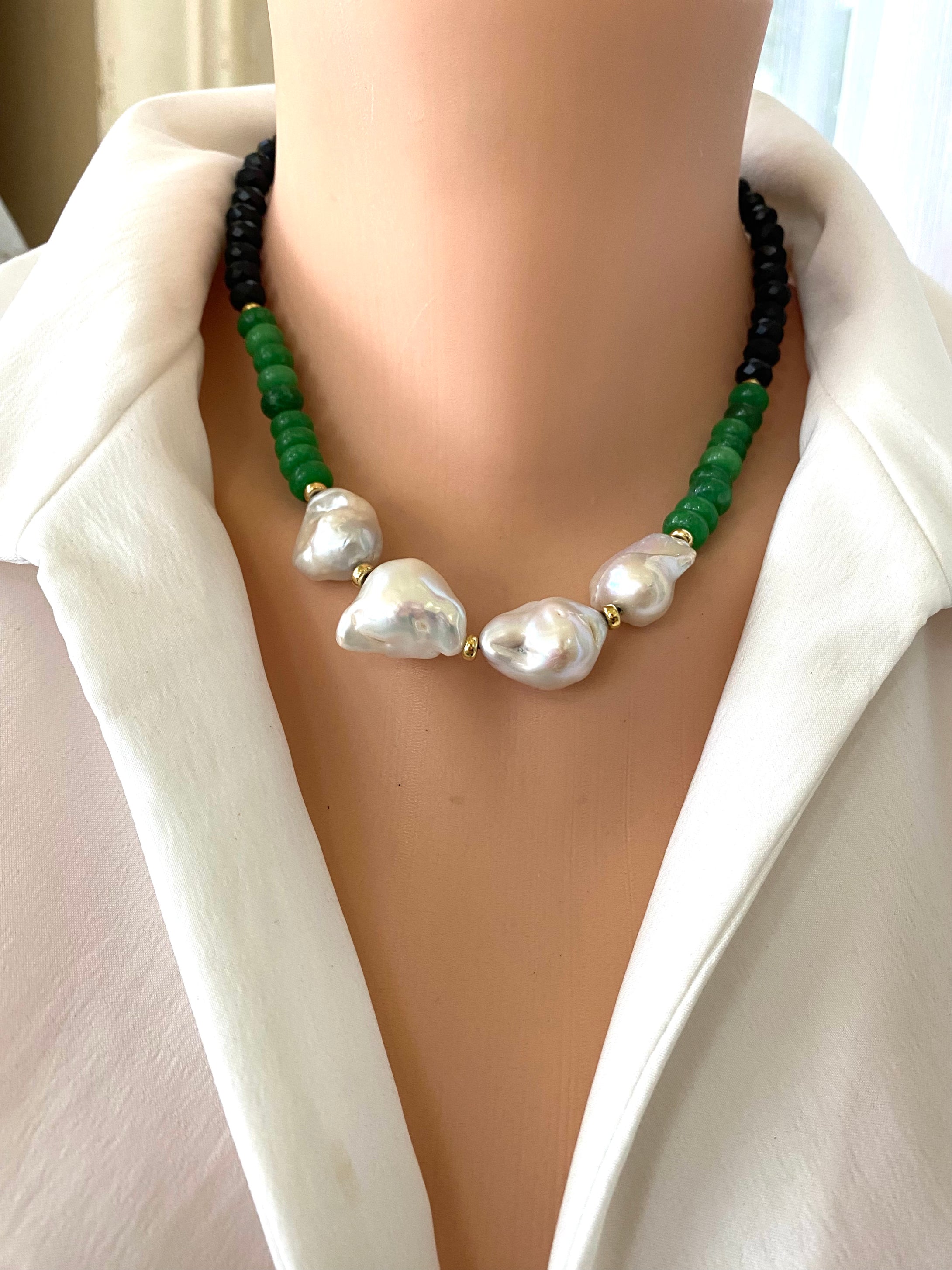 Short Green Jade & Black Tourmaline Pearl Necklace featuring luminous pearls and a bold design.