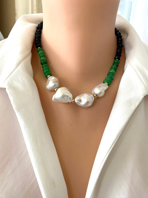 Short Green Jade & Black Tourmaline Pearl Necklace featuring luminous pearls and a bold design.