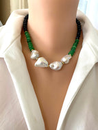Short Green Jade & Black Tourmaline Pearl Necklace featuring luminous pearls and a bold design.