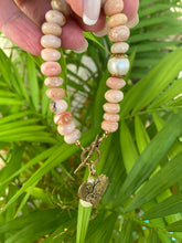 Load image into Gallery viewer, Pink opal bracelet with heart and baroque pearl charm, handcrafted with smooth pink opal beads.
