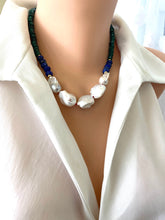 Charger l&#39;image dans la galerie, Malachite Lapis Lazuli Baroque Pearl Necklace shown on mannequin, hand-knotted on red silk thread in Canada.
