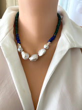 Charger l&#39;image dans la galerie, Malachite Lapis Lazuli Baroque Pearl Necklace displayed on mannequin, gold vermeil accents handmade in Canada.
