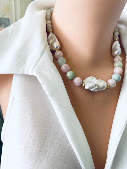 Close-up angled view of morganite and jade necklace with baroque pearls on mannequin, showing soft pink and green gemstones.