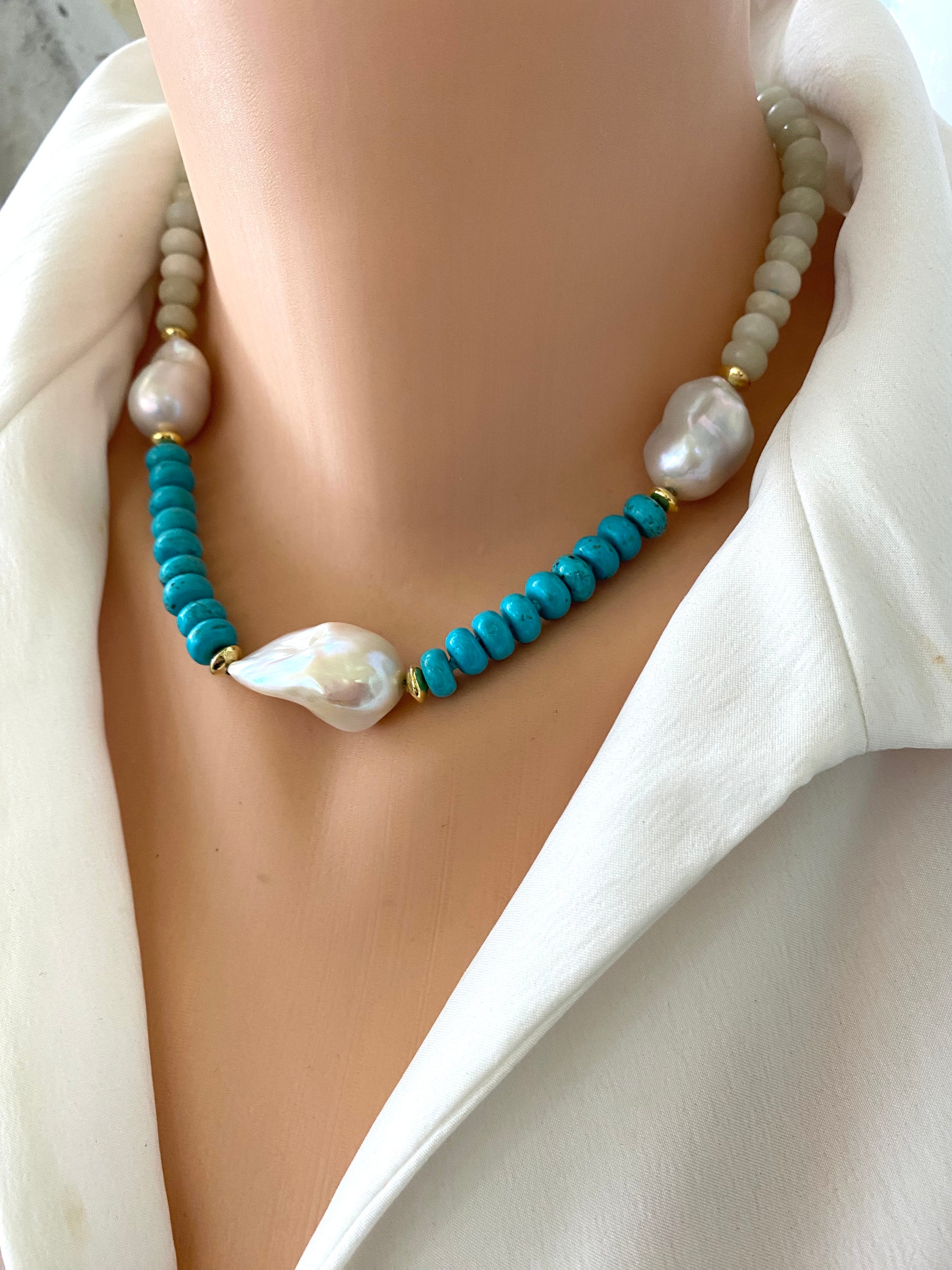 Handmade green jade and turquoise pearl necklace shown on mannequin neck side view