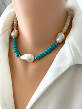 Charger l&#39;image dans la galerie, Handmade green jade and turquoise pearl necklace shown on mannequin neck side view
