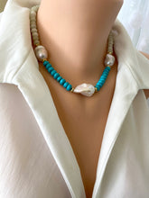 Charger l&#39;image dans la galerie, Full view of green jade and turquoise pearl necklace on mannequin, 17.5 inches long
