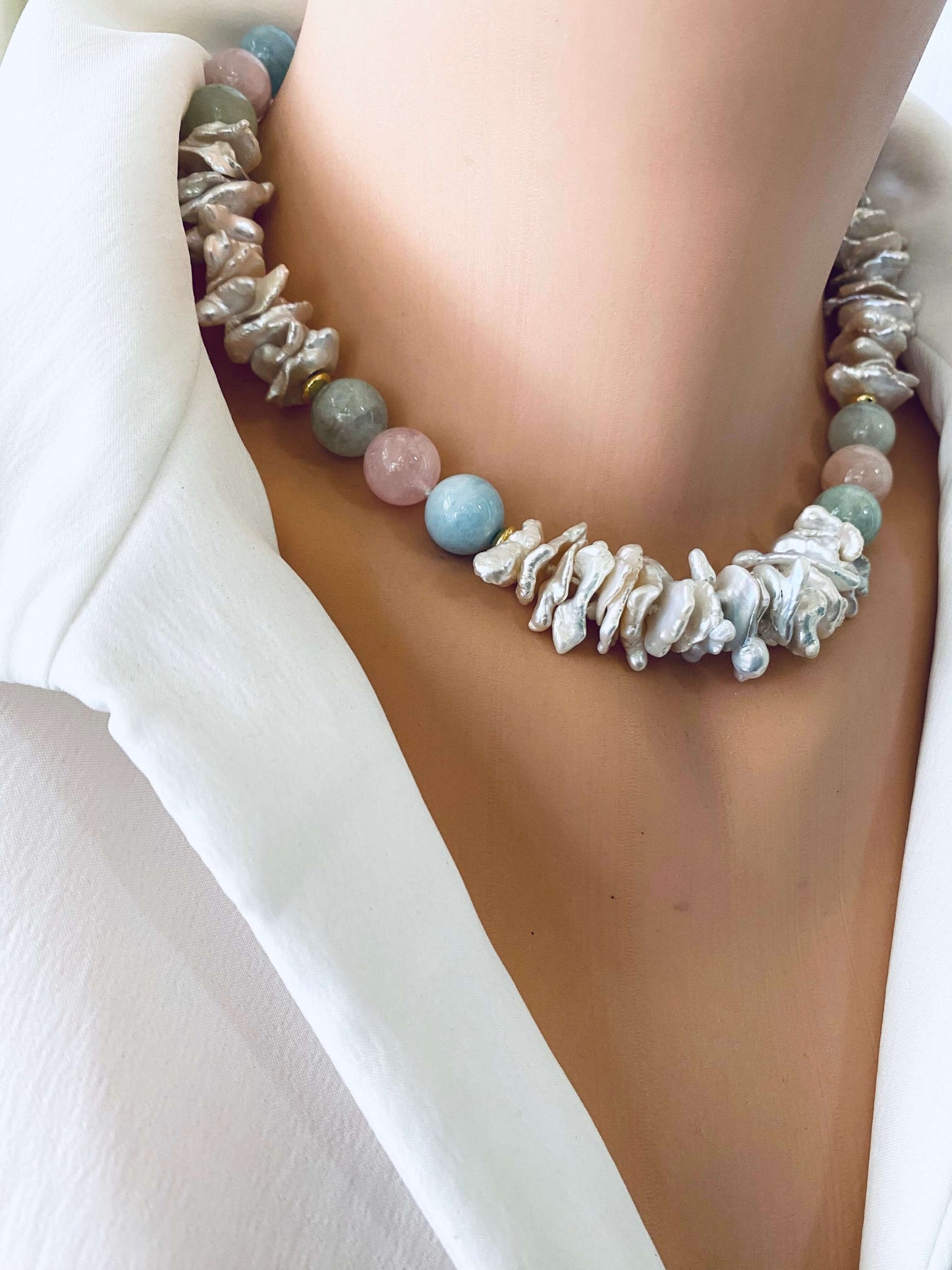 Aquamarine Morganite Necklace – gold choker side angle on mannequin