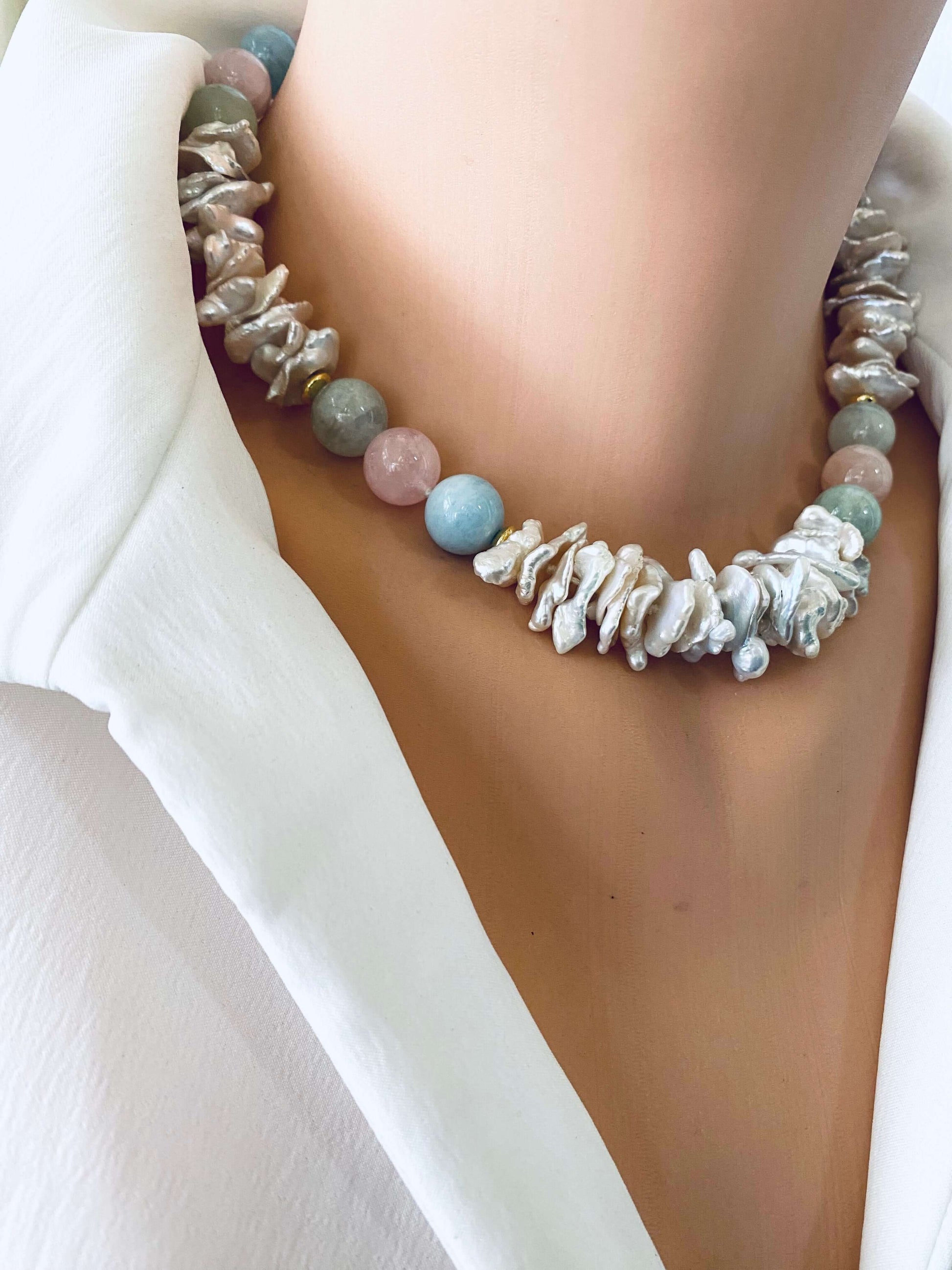 Aquamarine Morganite Necklace – gold choker side angle on mannequin