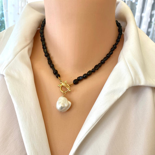 Black Tourmaline & Baroque Pearl Necklace, Honey Bees Clasp