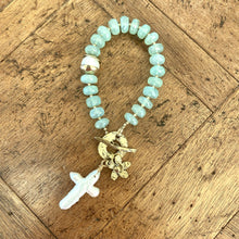 Load image into Gallery viewer, Chalcedony bracelet with cross pearl pendant and daisy charm, featuring aqua green chalcedony rondelle beads.
