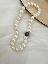 Load image into Gallery viewer, White Round Edison Pearl Necklace, 11–15mm, CZ Pavé Gunmetal Magnetic Clasp, 16"
