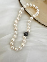 Load image into Gallery viewer, White Round Edison Pearl Necklace, 11–15mm, CZ Pavé Gunmetal Magnetic Clasp, 16"
