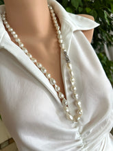 Load image into Gallery viewer, White Edison Baroque Pearl Y Necklace, 9–12mm Hand Knotted, 29", Rhodium Silver Clasp
