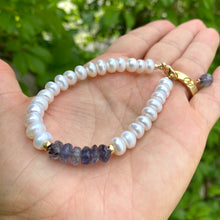 Load image into Gallery viewer, Iolite pearl bracelet featuring blue iolite and white pearls, elegantly handcrafted for timeless beauty.
