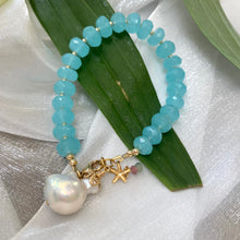 Load image into Gallery viewer, Chalcedony bracelet with starfish and baroque pearl charm, featuring faceted aqua blue beads on a soft background.
