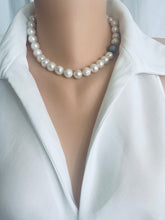 Load image into Gallery viewer, White Round Edison Pearl Necklace, 11–15mm, CZ Pavé Gunmetal Magnetic Clasp, 16"
