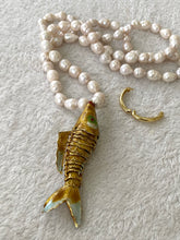 Load image into Gallery viewer, White Baroque Pearl Necklace with Cloisonné Fish Pendant, 9–11mm Hand Knotted Pearls, 32" or 34"
