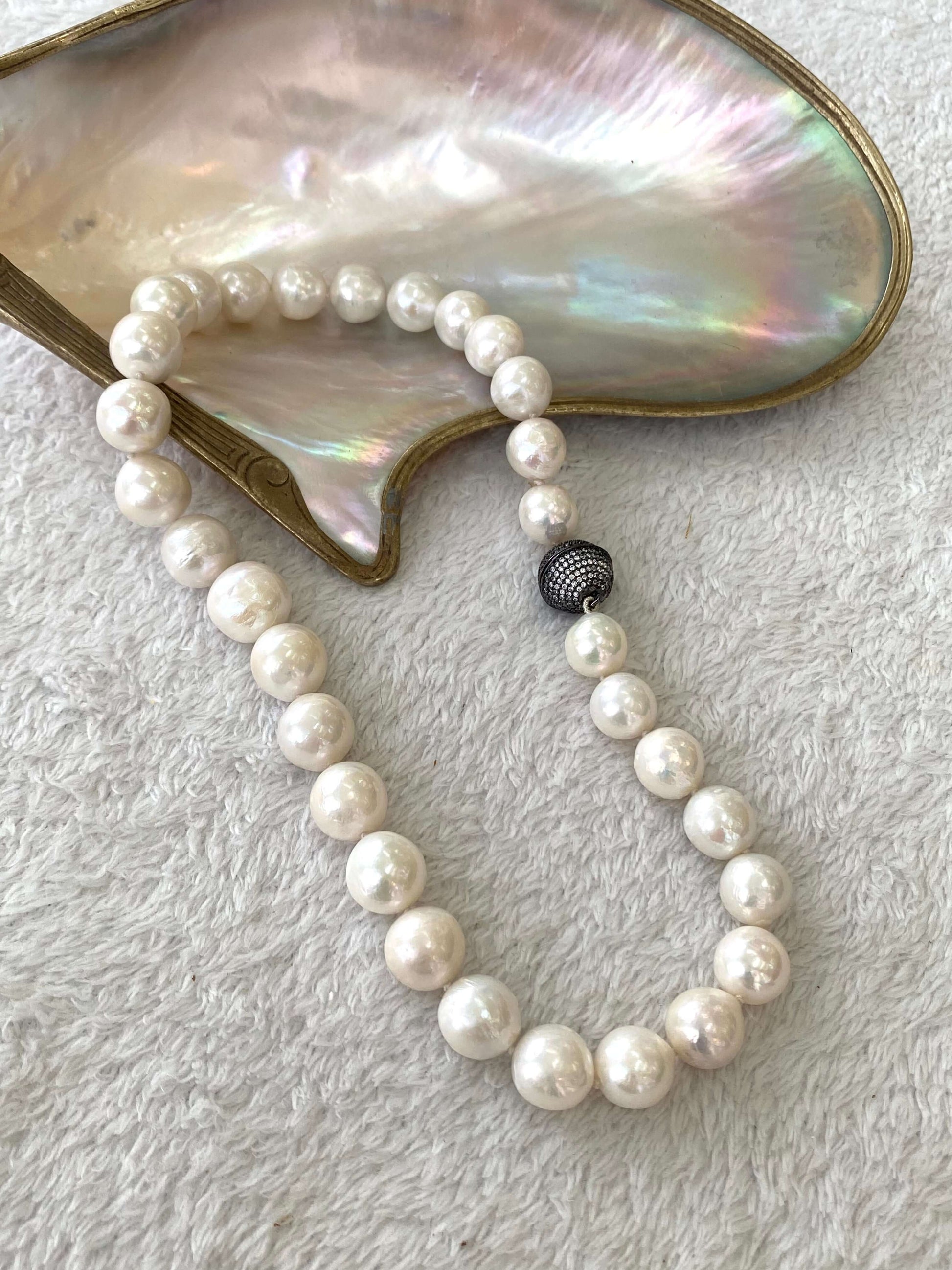 White Edison pearl necklace with gunmetal pavé magnetic clasp displayed on an iridescent shell.