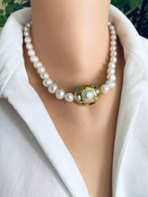 Load image into Gallery viewer, White Pearl Necklace, 9–11mm, Gold Plated Focal Accent, Magnetic Clasp, 16"–18"
