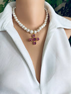 White Potato Pearl Necklace, 9–11mm, Gold Plated Pink Quartz Cross Pendant , Magnetic Clasp, 17.5