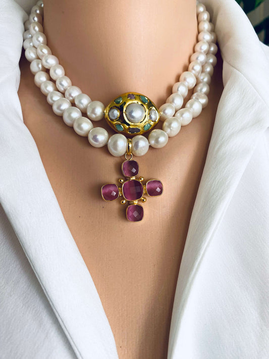 White potato pearl necklace with cross pendant showcasing luminous freshwater pearls and a decorative golden cross charm.