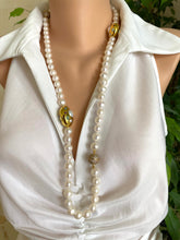 Load image into Gallery viewer, White Pearl Necklace, 9–11mm, Gold Plated Focal Accent, Magnetic Clasp, 16"–18"
