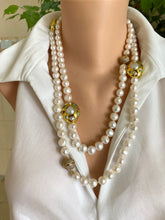 Load image into Gallery viewer, White Pearl Necklace, 9–11mm, Gold Plated Focal Accent, Magnetic Clasp, 16"–18"
