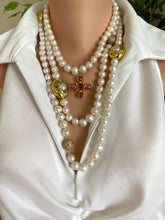 Load image into Gallery viewer, White Pearl Necklace, 9–11mm, Gold Plated Focal Accent, Magnetic Clasp, 16"–18"
