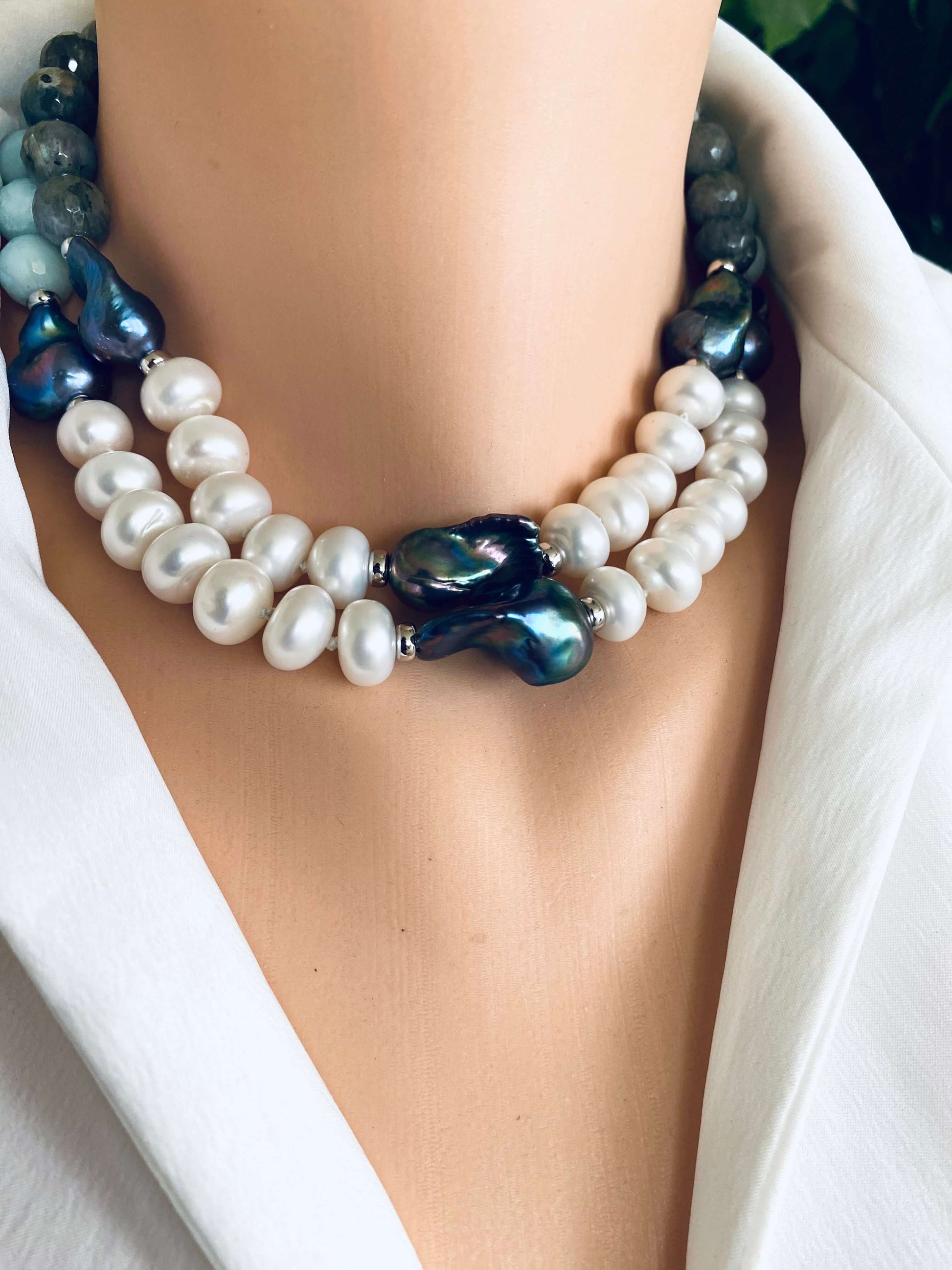 Amazonite pearl necklace featuring Baroque and Coin pearls with vivid colors and organic elegance.