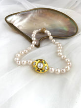 Load image into Gallery viewer, White Pearl Necklace, 9–11mm, Gold Plated Focal Accent, Magnetic Clasp, 16"–18"
