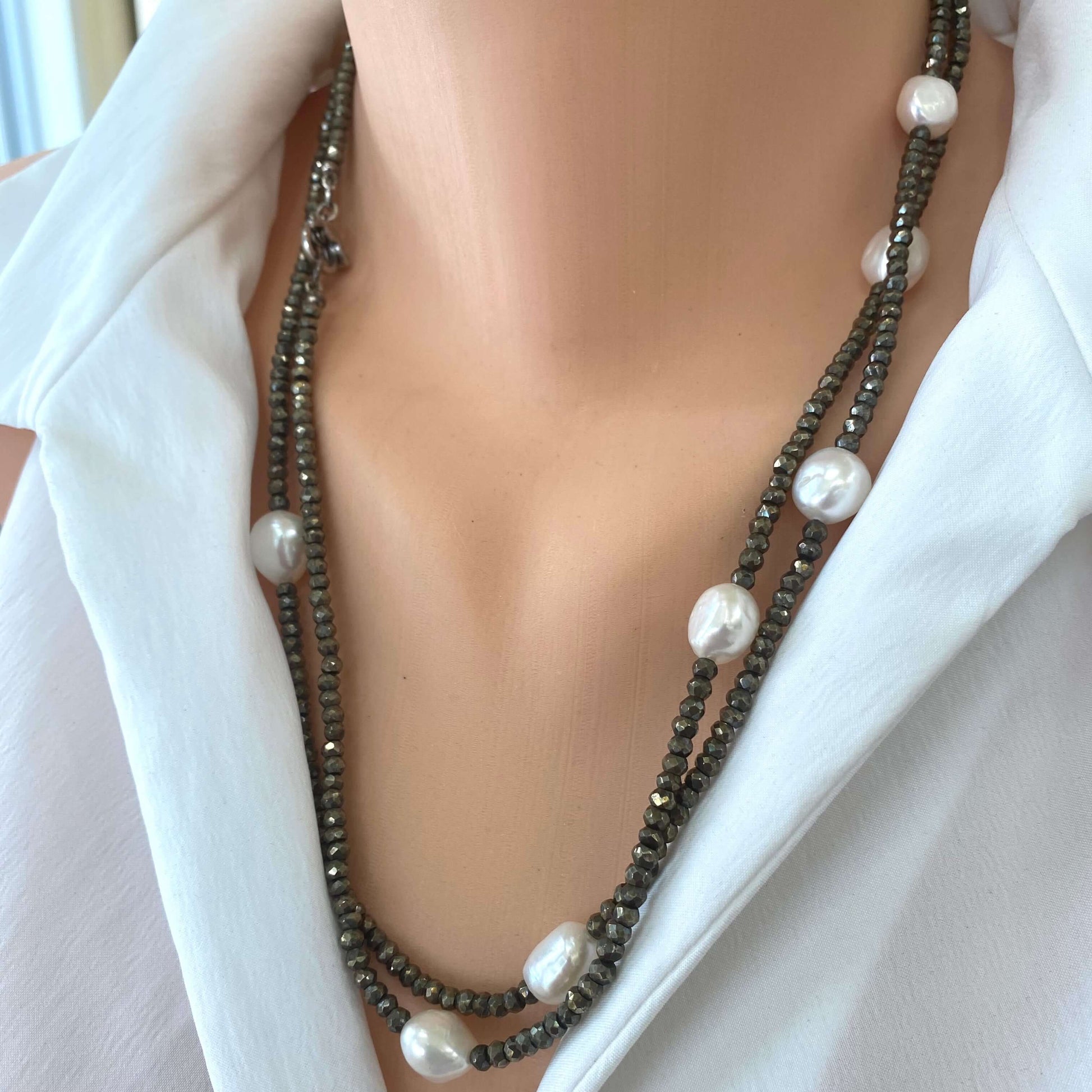 Pyrite Pearl Long Necklace – Elegant handcrafted design featuring pyrite beads and freshwater pearls.