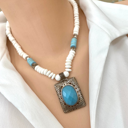 Vintage Turquoise Pendant with Tridacna Shell Beads Necklace