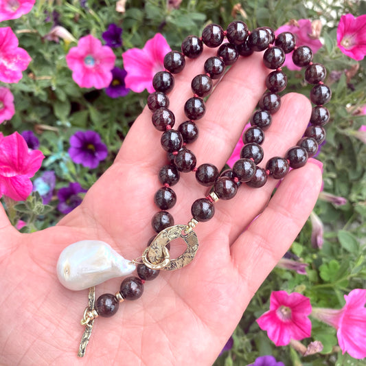 Garnet pearl necklace with deep red garnet beads and white baroque pearl pendant handmade in Canada