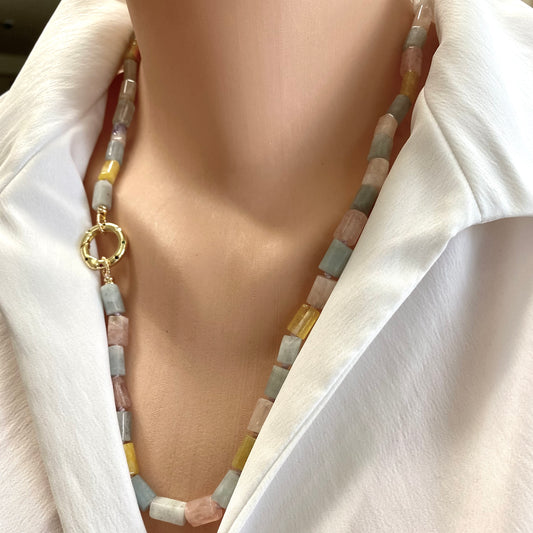 Beryl gemstone necklace featuring aquamarine and morganite, showcasing pastel colors and artisanal craftsmanship.
