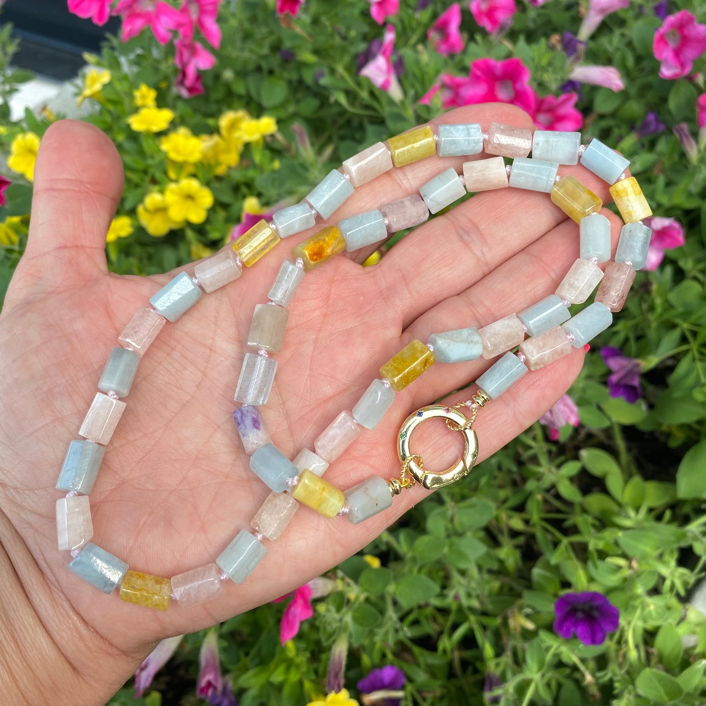 Beryl gemstone necklace featuring aquamarine and morganite, handcrafted with vibrant pastel colors.