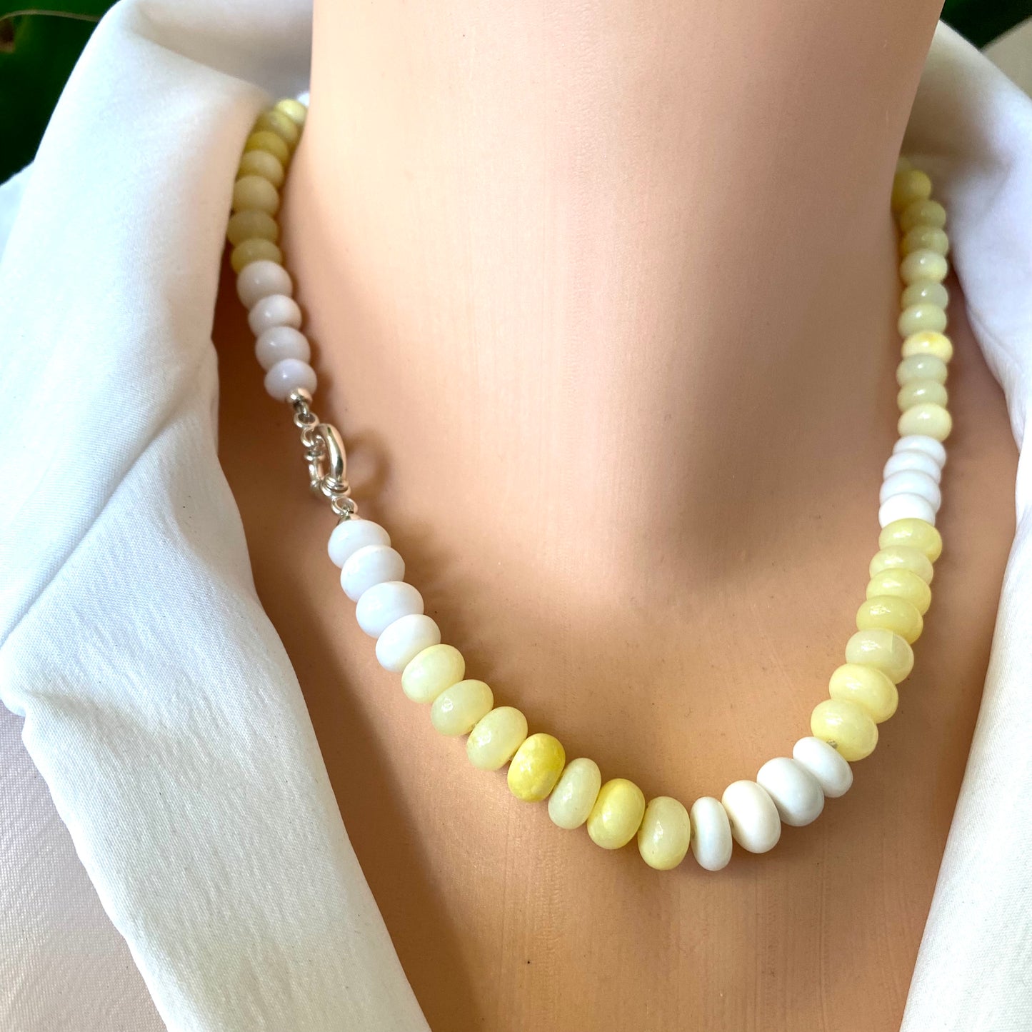 Yellow opal beaded necklace with yellow and white opal gemstones worn on model