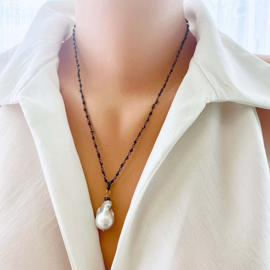 Pyrite rosary chain necklace worn by mannequin, frontal close-up highlighting diamond pavé connector