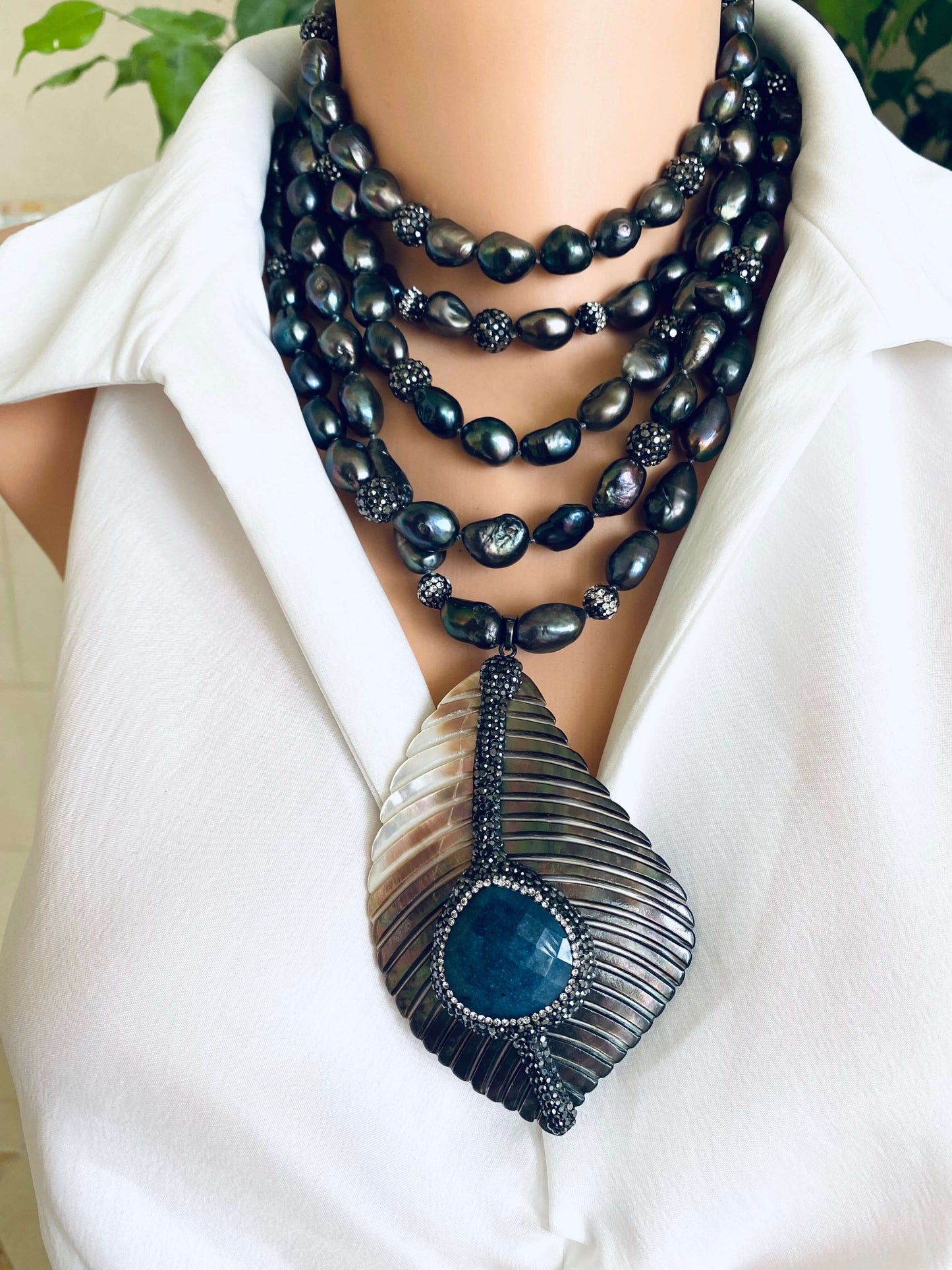 LIVE #40 - Very Long Peacock Pearl Necklace w/ Rhinestone Spacer Beads, showcasing deep iridescent colors and elegant design.