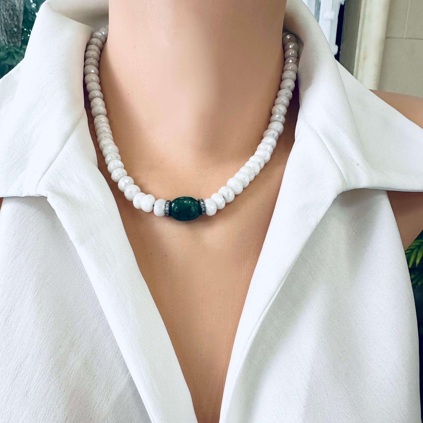 Emerald diamond choker necklace close up showing emerald barrel bead and silverite gemstones