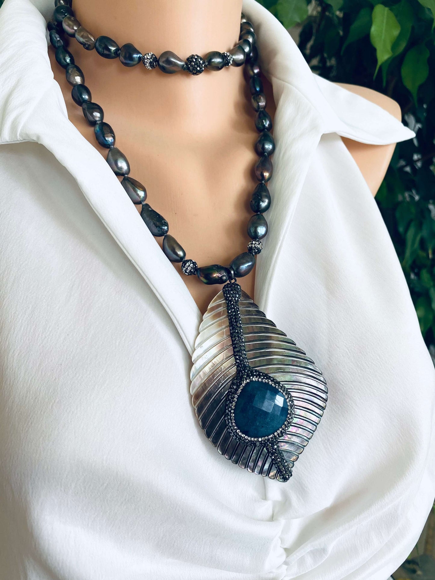LIVE #80 - Long Peacock Black Pearl Necklace w/ Abalone Agate Pendant showcased on mannequin, highlighting its unique design and colors.