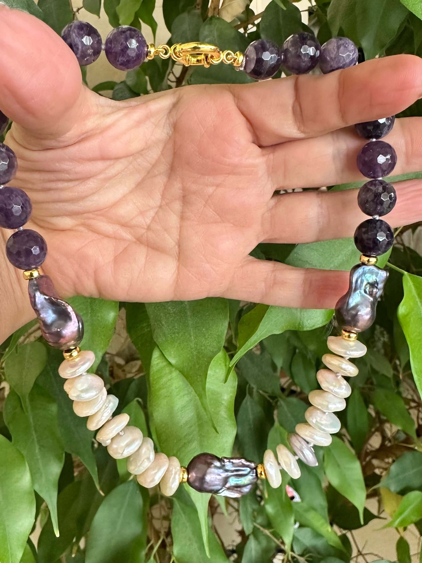 Amethyst and baroque pearl necklace with peacock black pearls and gold vermeil details