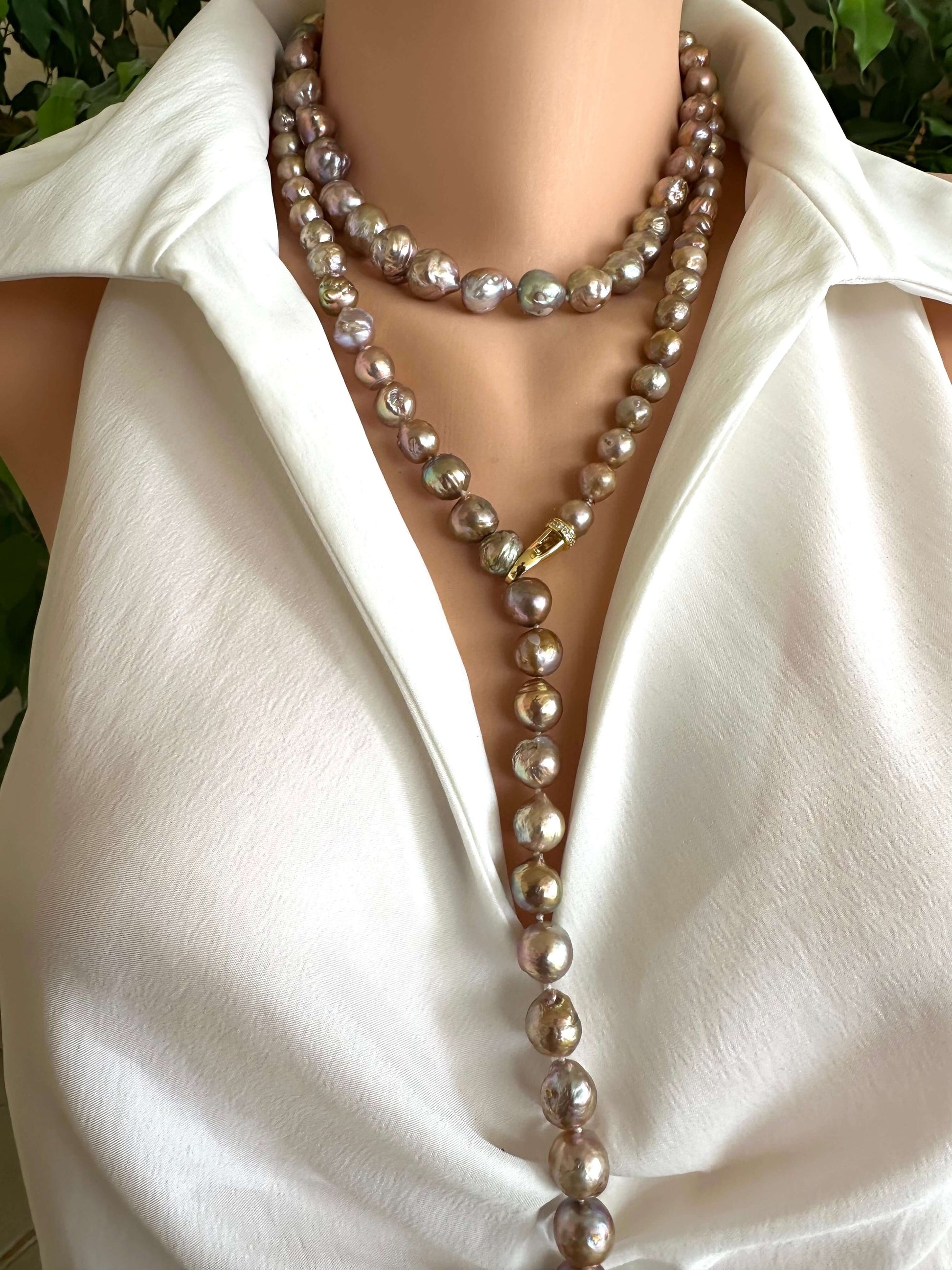 Pink Edison baroque pearl necklace worn doubled for layered pearl look